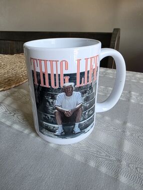 White Ceramic 'Thug Life' Graphic Mug - White and Coral Text with Donald Trump.